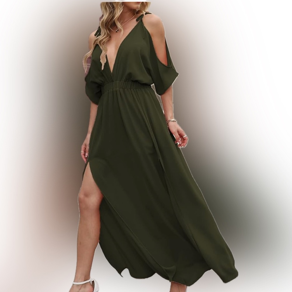 Deep Self - Olive Green Cold Shoulder Short Sleeve Goddess Maxi Dress
